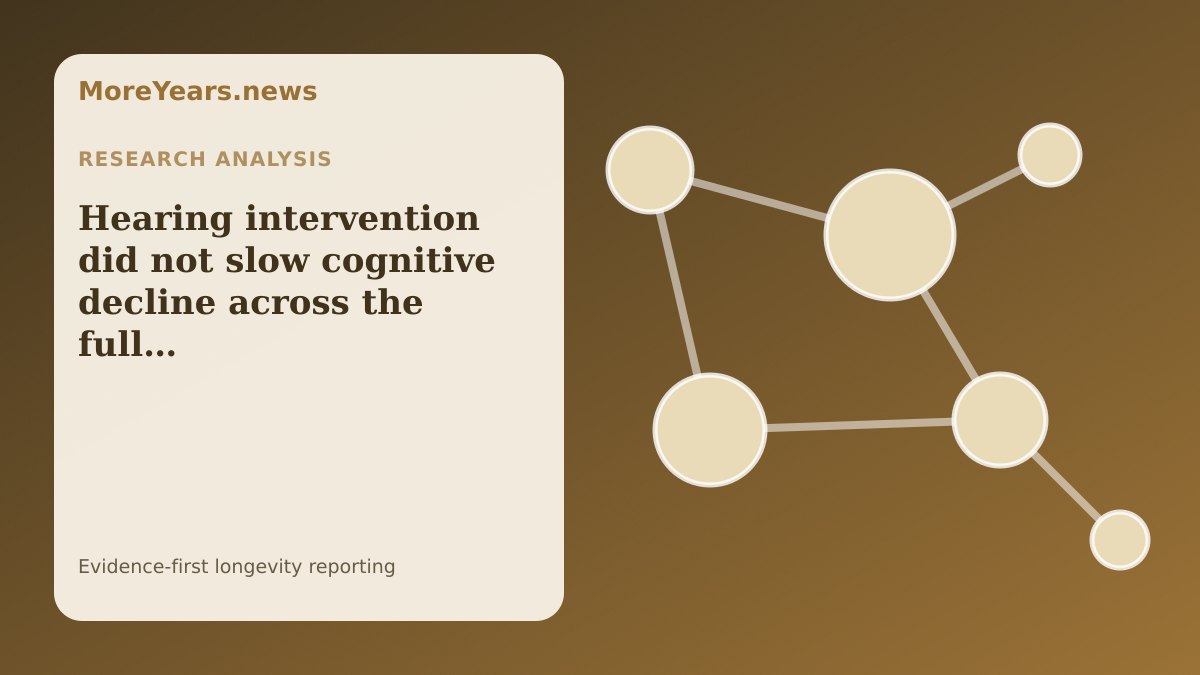 Abstract MoreYears.news editorial illustration for “Hearing intervention did not slow cognitive decline across the full ACHIEVE trial”.
