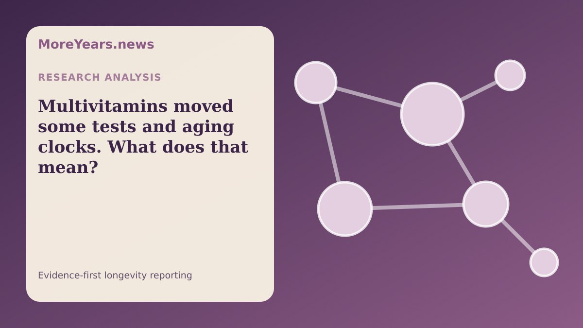 Abstract MoreYears.news editorial illustration for “Multivitamins moved some tests and aging clocks. What does that mean?”.