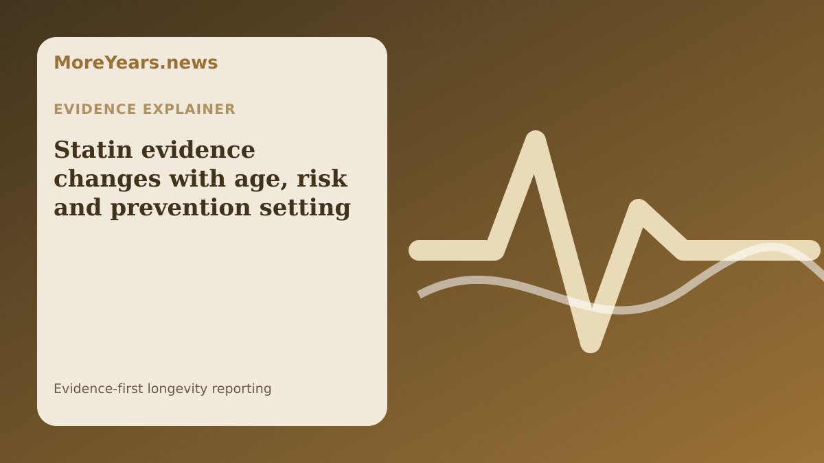 Abstract MoreYears.news editorial illustration for “Statin evidence changes with age, risk and prevention setting”.