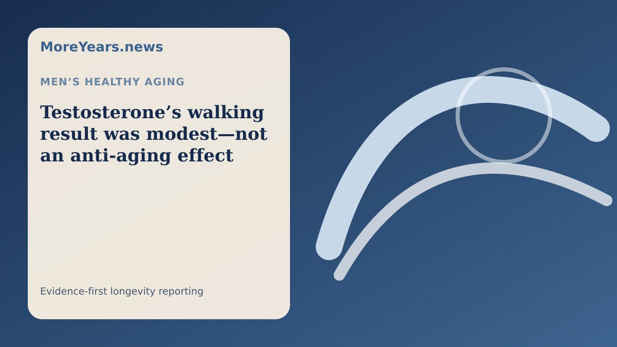 Abstract MoreYears.news editorial illustration for “Testosterone’s walking result was modest—not an anti-aging effect”.