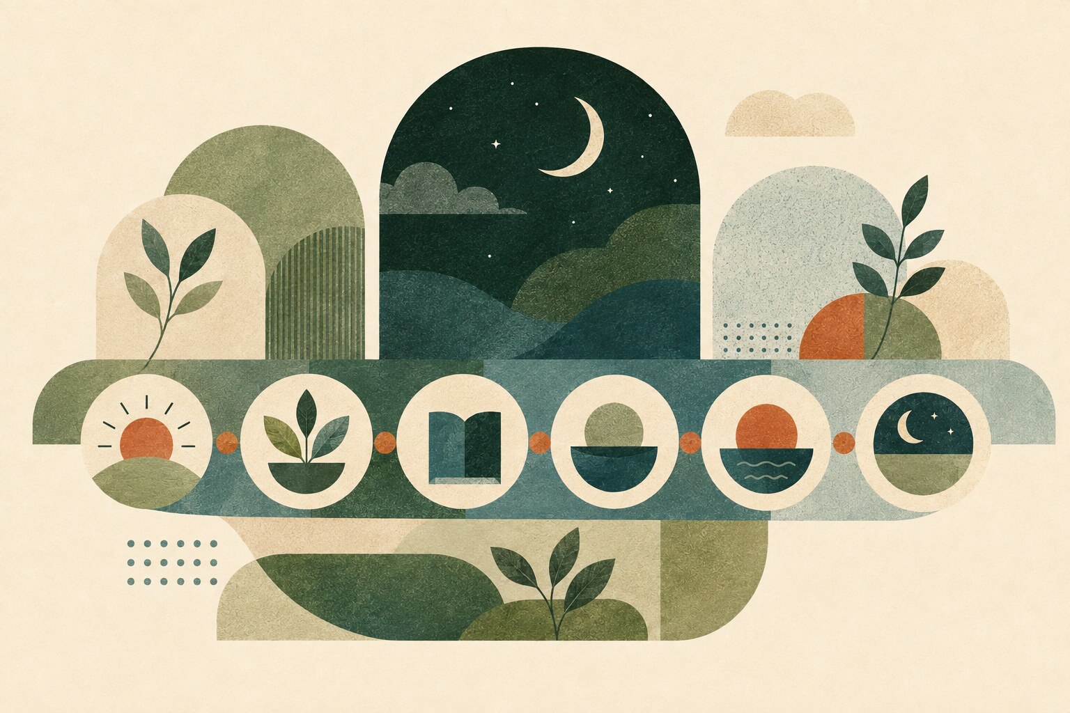 Layered night-blue arches, pale moons and repeating rust circles form a calm structured rhythm.