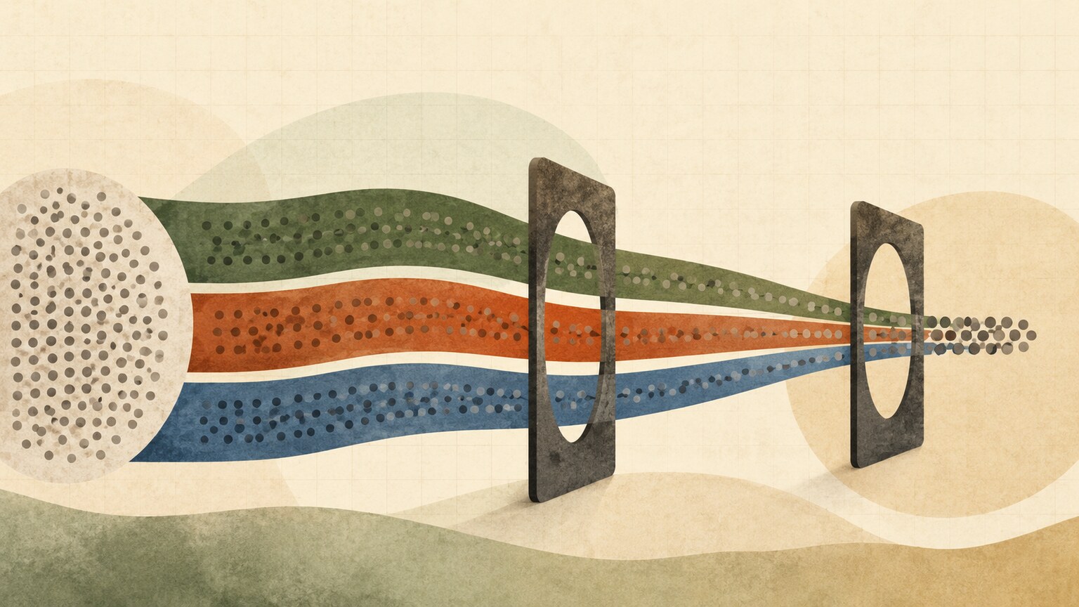Abstract editorial illustration with three parallel paths crossing a long sequence of checkpoints without implying a treatment effect.