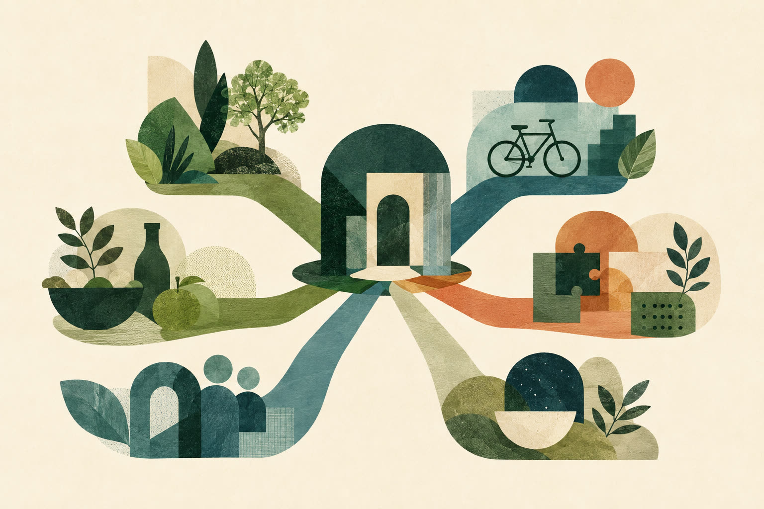 Abstract green and teal paths connect separate lifestyle and risk-management domains around a shared arch.