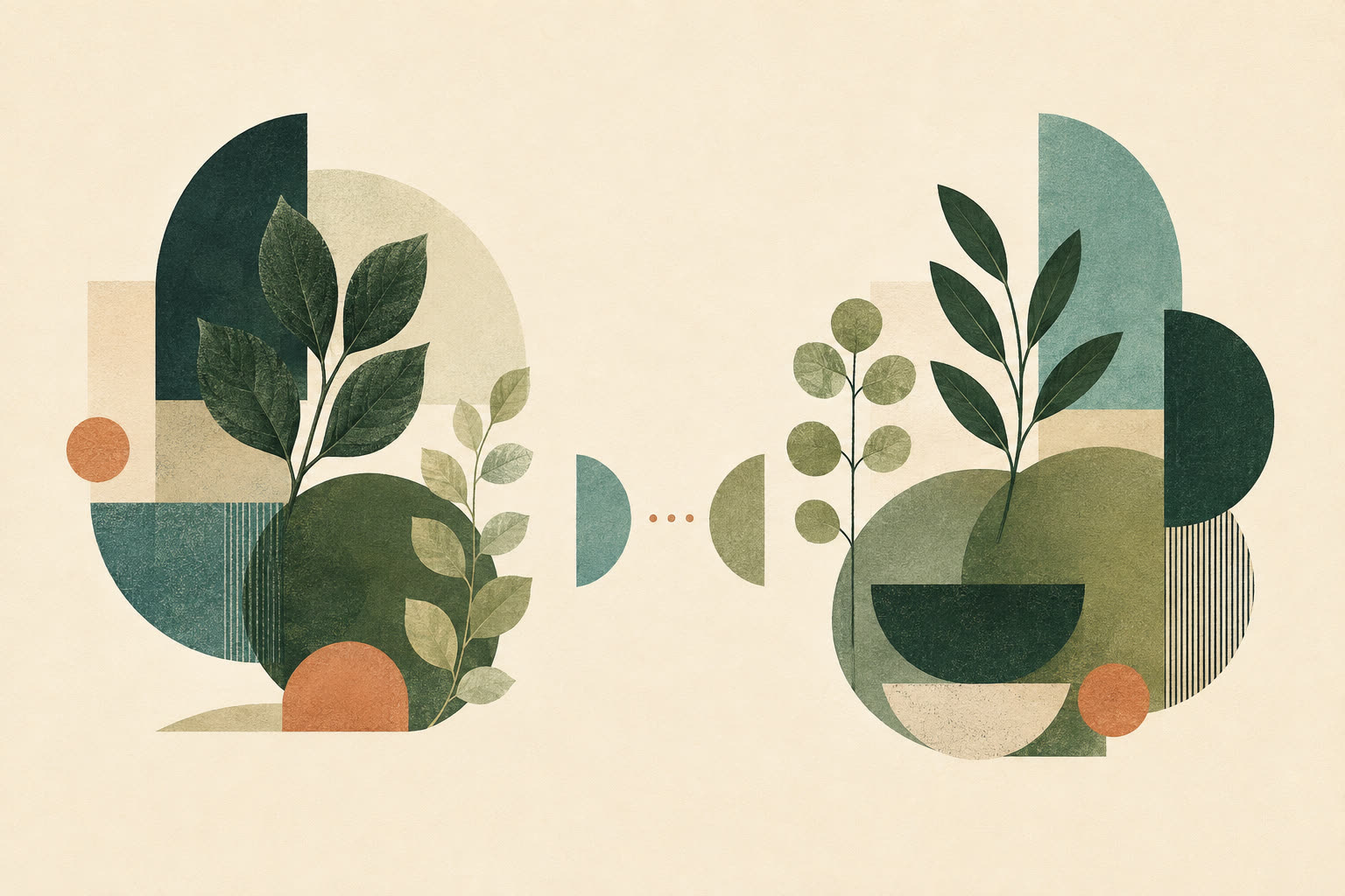 Two equally weighted botanical and geometric arrangements face each other across a neutral center.