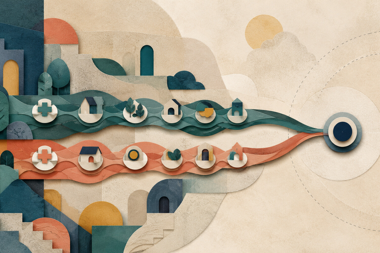 Abstract paper-cut illustration of two coordinated primary-care pathways converging on a restrained outcome marker.