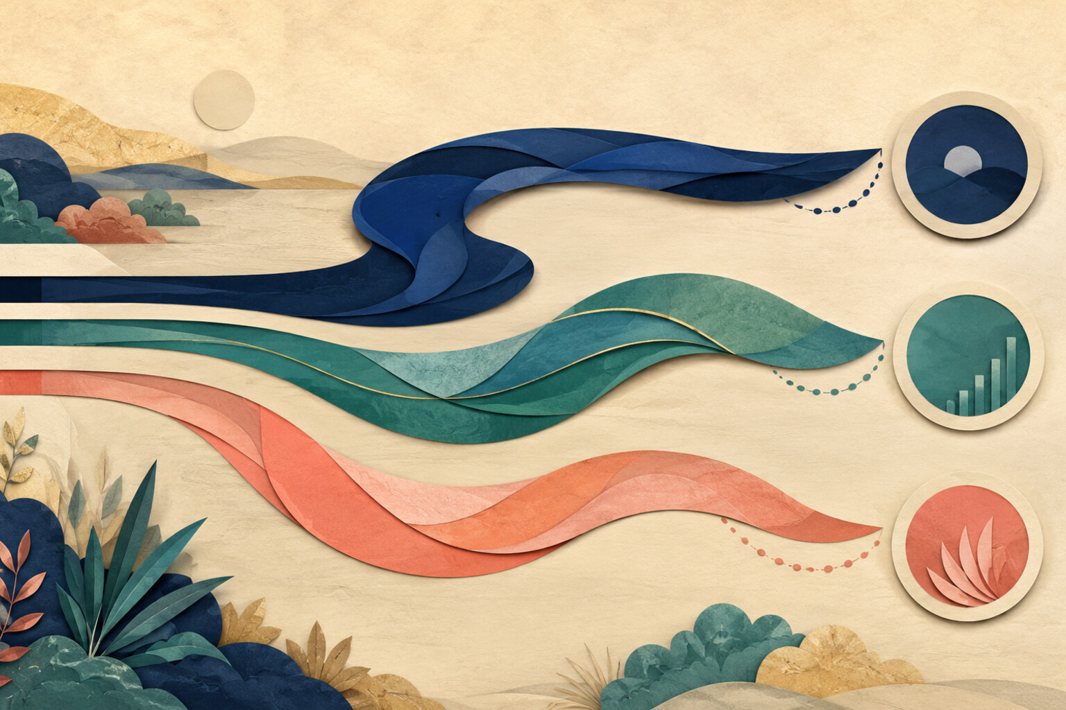Abstract paper-cut illustration with three distinct flowing comparator paths and separate outcome circles.